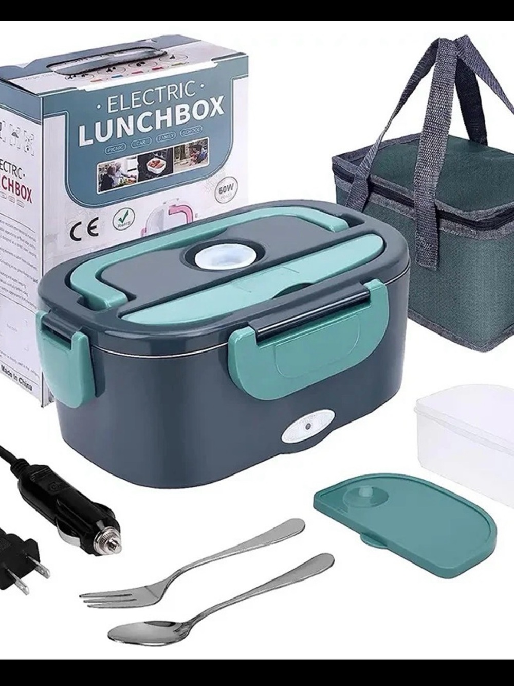 Portable Electric Heated Lunch Box Set w/ Bag Charger Bowl Utensils Green